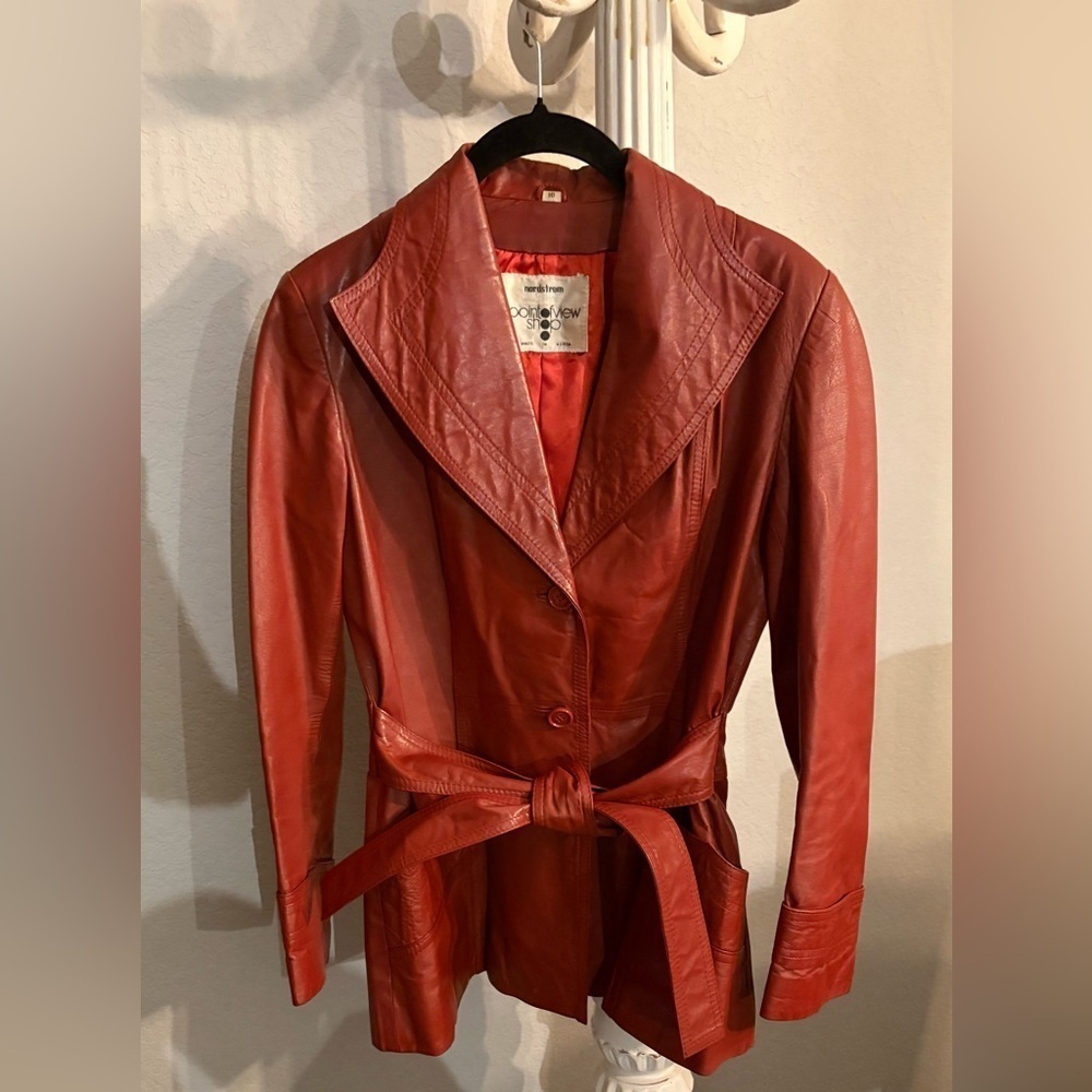 Nordstrom VINTAGE  | GENUINE Leather Short trench Style Jkt Burnt Orange SZ 10 - Picture 2 of 15